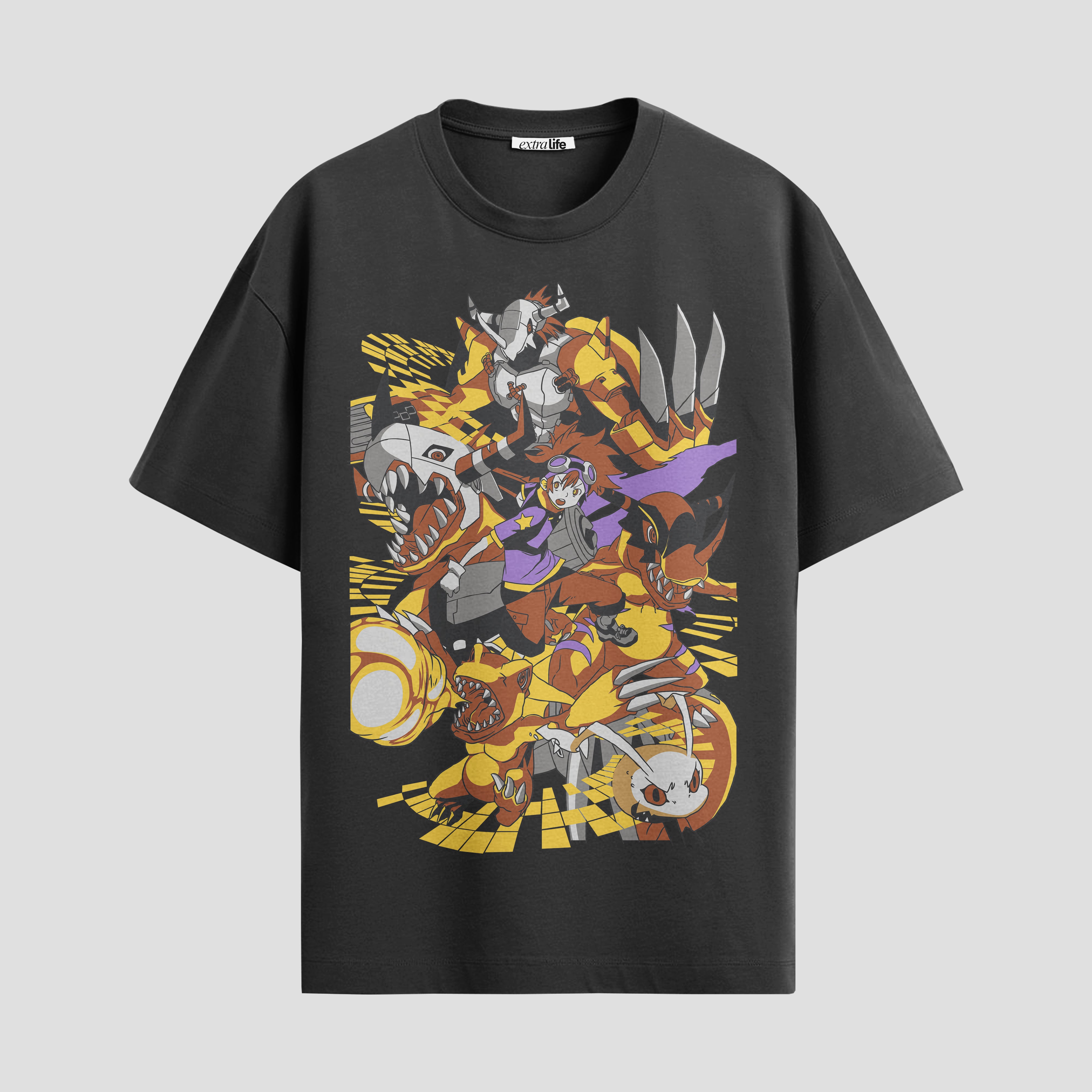 Playera urbana de anime y gaming ExtraLife MX, corte Standard Fit unisex ligero y transpirable en color Deep Black y Pure White, ropa de uso diario para gym y casual.