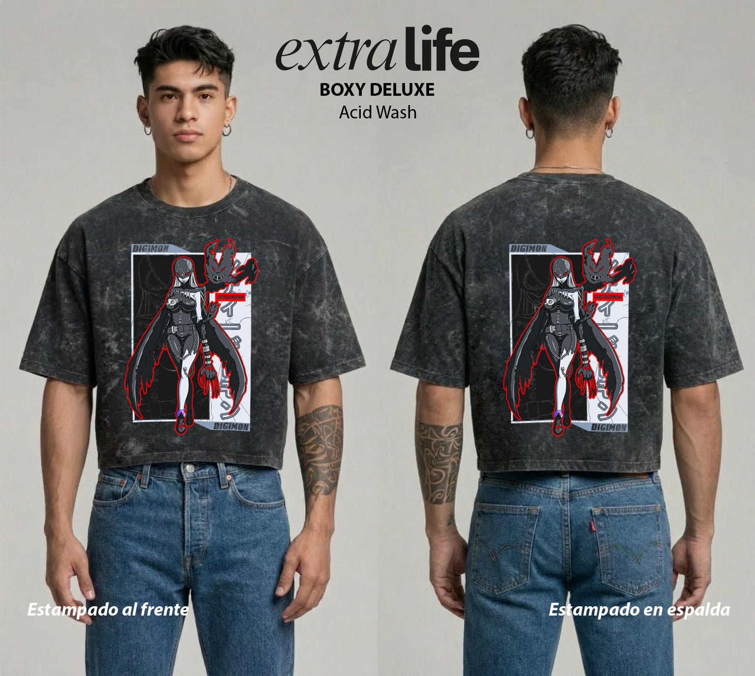 Playera streetwear premium de anime y gaming ExtraLife MX, corte boxy deluxe mineral wash heavyweight en color Acid Wash, moda urbana mexicana de culto.