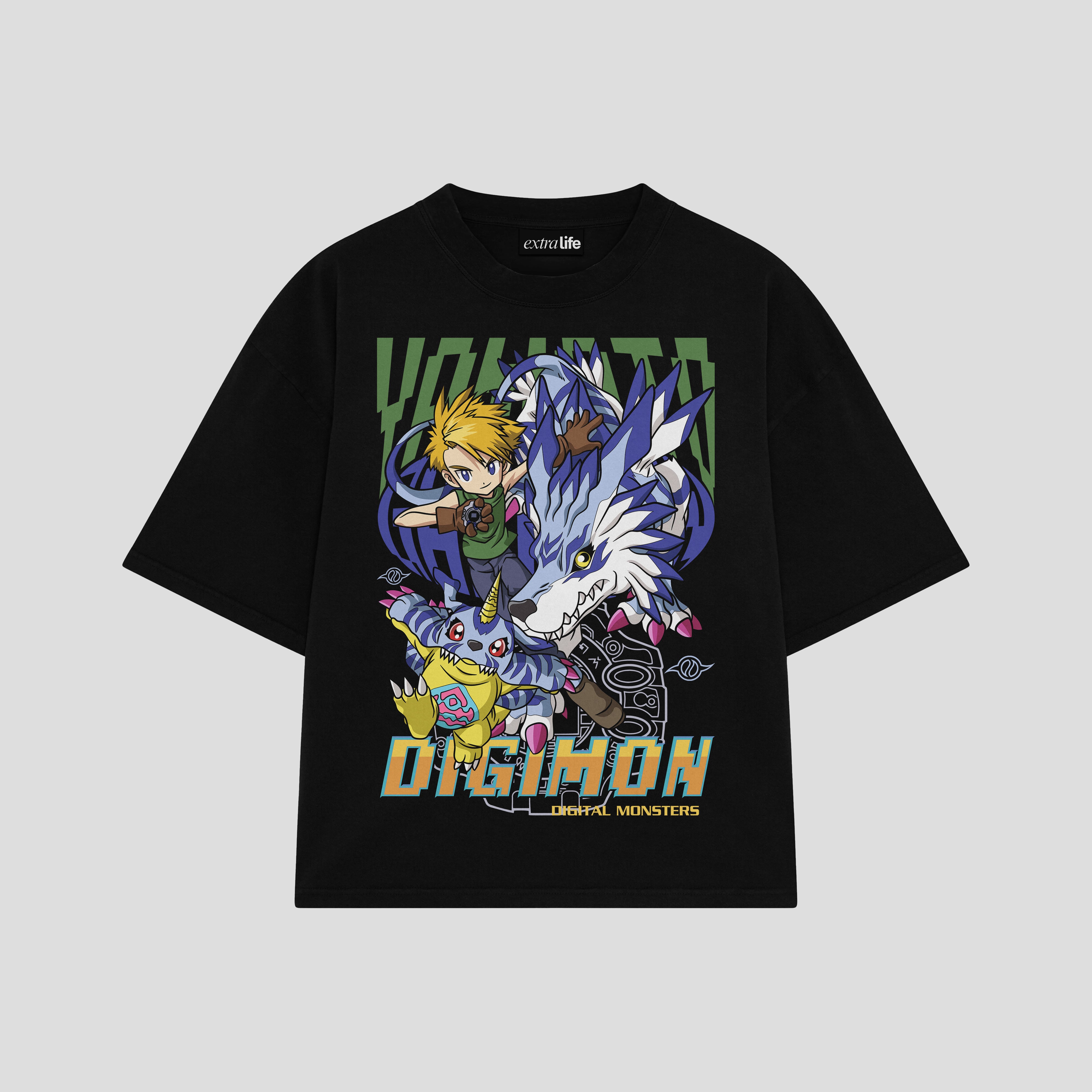 Playera streetwear premium de anime y gaming ExtraLife MX, corte boxy oversized drop shoulder heavyweight en color Deep Black y Off-White, moda urbana mexicana de culto.