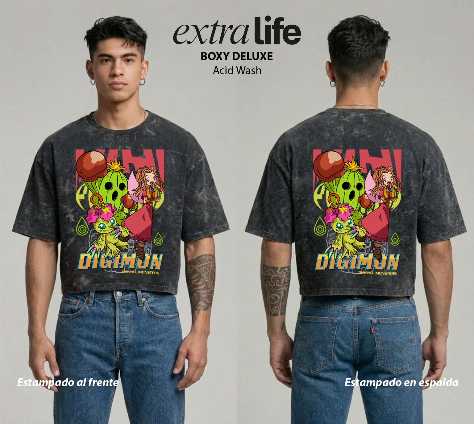 Playera streetwear premium de anime y gaming ExtraLife MX, corte boxy deluxe mineral wash heavyweight en color Acid Wash, moda urbana mexicana de culto.