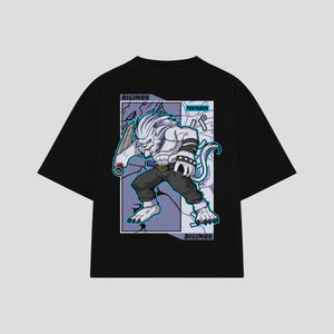 Playera streetwear premium de anime y gaming ExtraLife MX, corte boxy oversized drop shoulder heavyweight en color Deep Black y Off-White, moda urbana mexicana de culto.