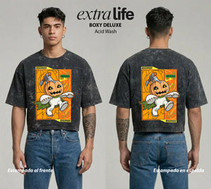 Playera streetwear premium de anime y gaming ExtraLife MX, corte boxy deluxe mineral wash heavyweight en color Acid Wash, moda urbana mexicana de culto.