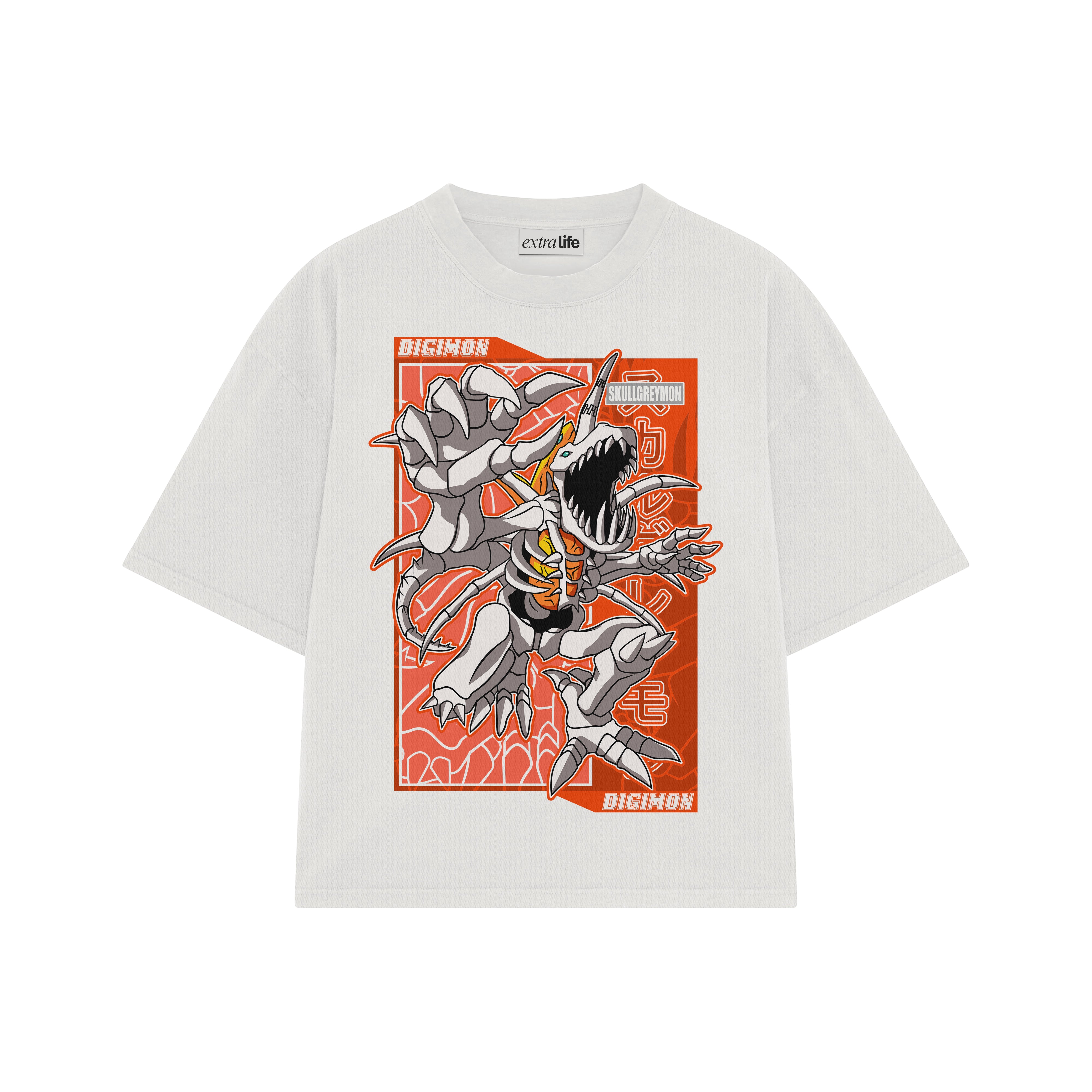 Playera streetwear premium de anime y gaming ExtraLife MX, corte boxy oversized drop shoulder heavyweight en color Deep Black y Off-White, moda urbana mexicana de culto.