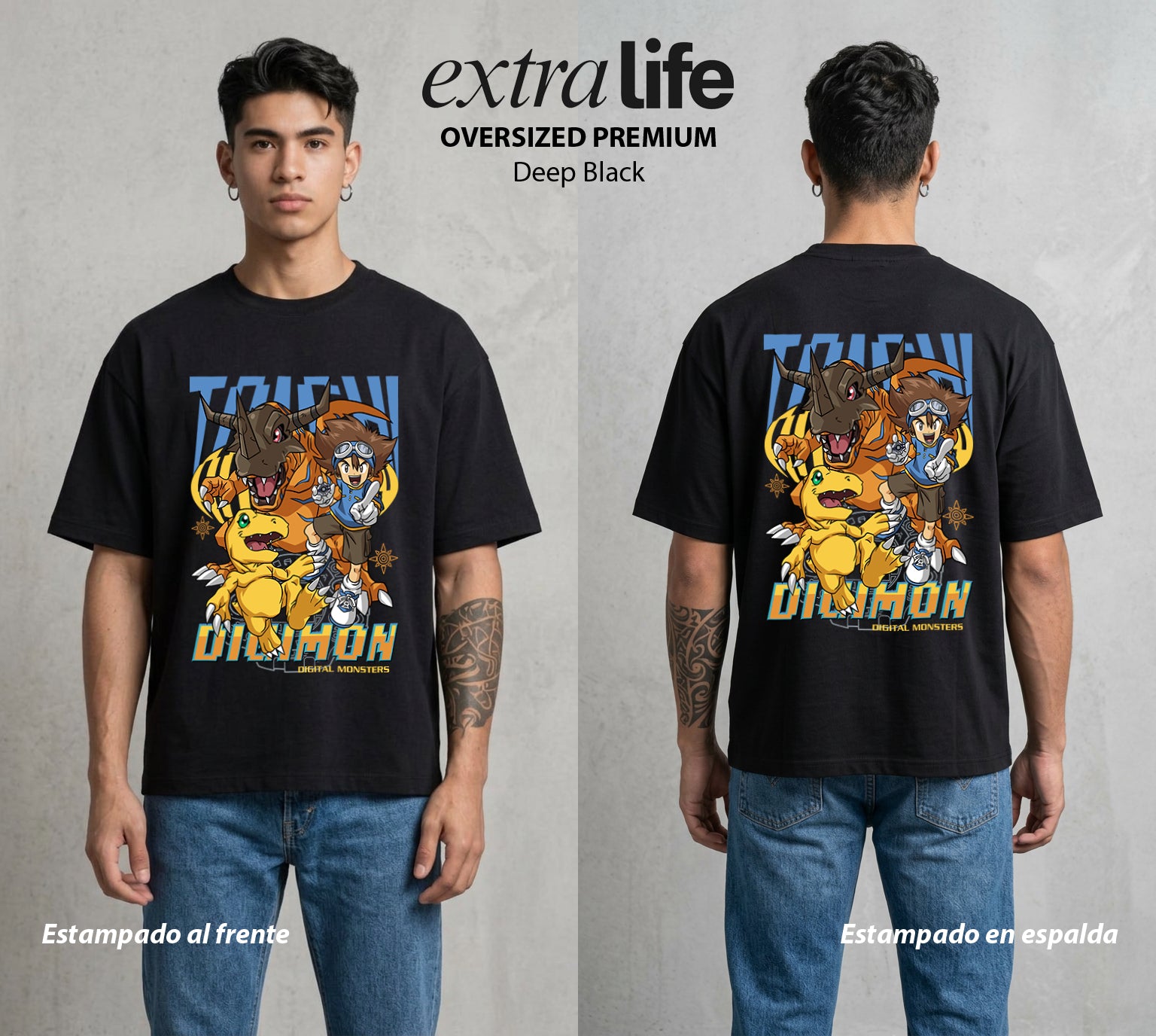 El Mundo Digital | Digimon Tai X Agumon #01325 - Playera Oversized Premium | Deep Black - Foto en modelo