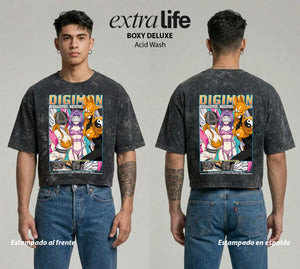 Playera streetwear premium de anime y gaming ExtraLife MX, corte boxy deluxe mineral wash heavyweight en color Acid Wash, moda urbana mexicana de culto.