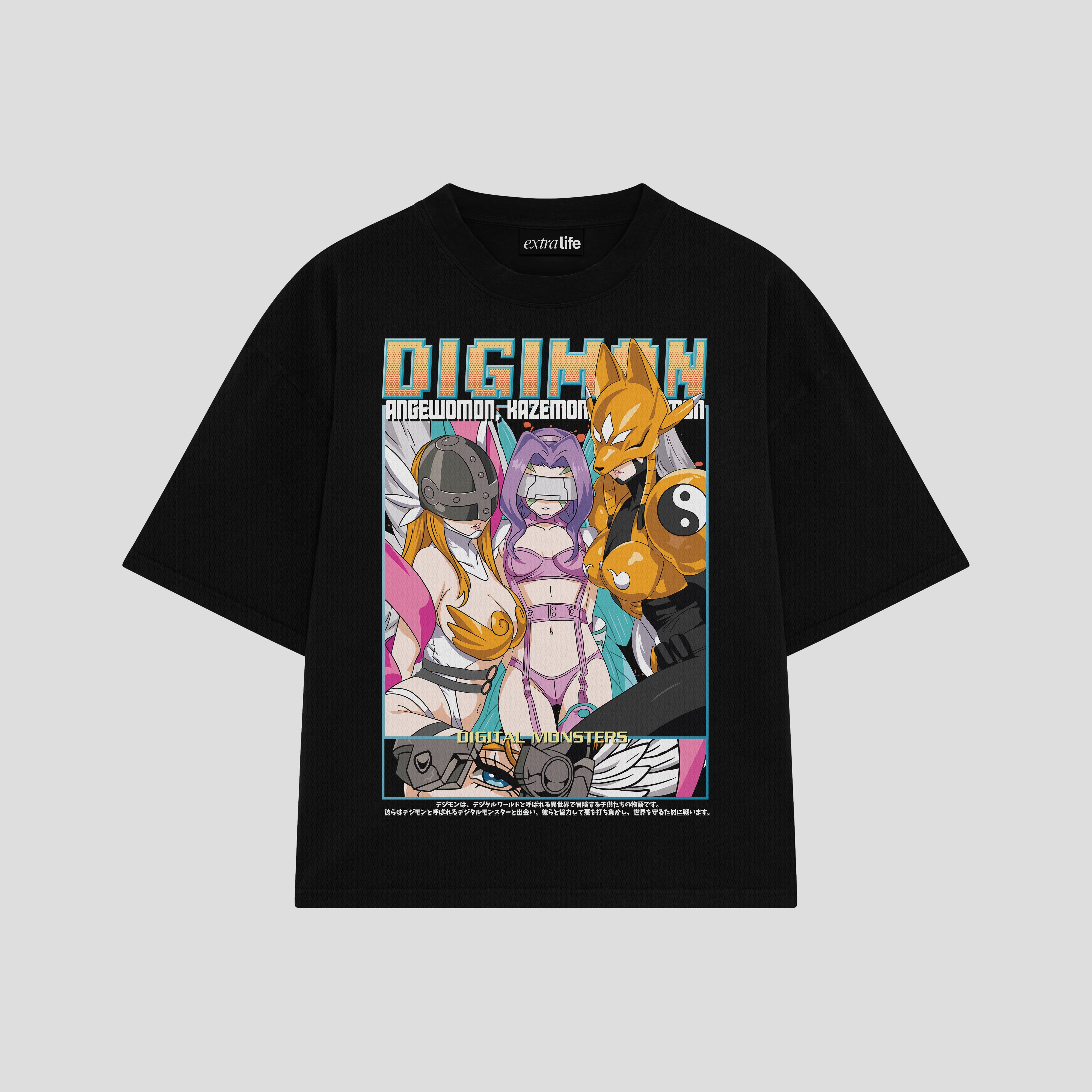 Playera streetwear premium de anime y gaming ExtraLife MX, corte boxy oversized drop shoulder heavyweight en color Deep Black y Off-White, moda urbana mexicana de culto.