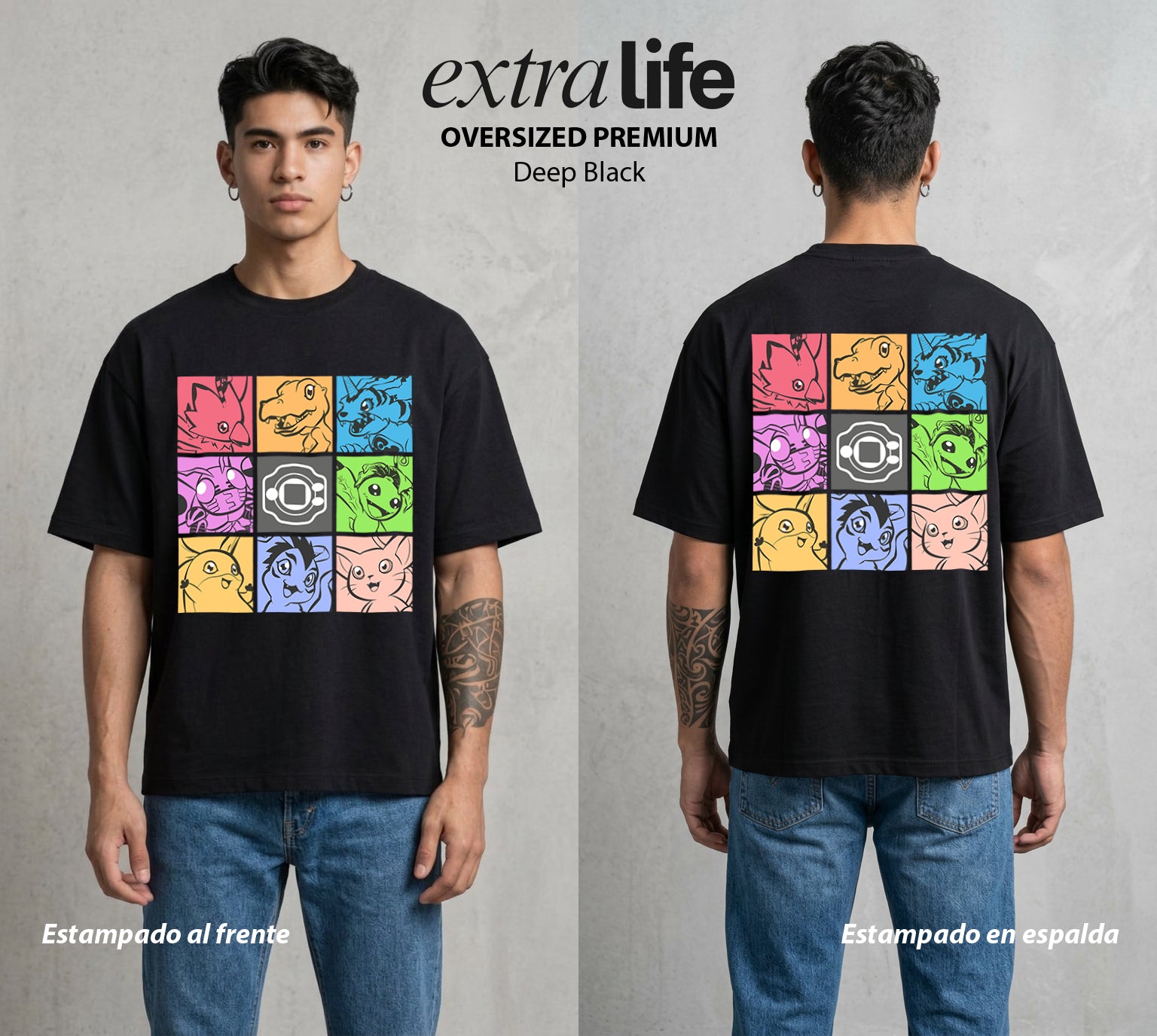 El Mundo Digital | Digimon #01327 - Playera Oversized Premium | Deep Black - Foto en modelo