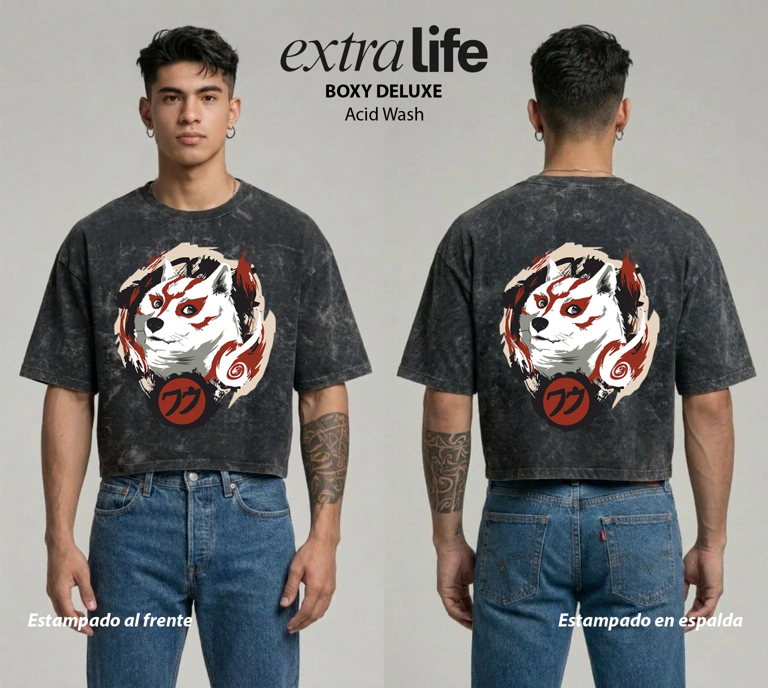Playera streetwear premium de anime y gaming ExtraLife MX, corte boxy deluxe mineral wash heavyweight en color Acid Wash, moda urbana mexicana de culto.