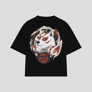 Playera streetwear premium de anime y gaming ExtraLife MX, corte boxy oversized drop shoulder heavyweight en color Deep Black y Off-White, moda urbana mexicana de culto.