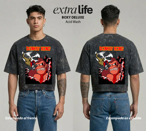 Playera streetwear premium de anime y gaming ExtraLife MX, corte boxy deluxe mineral wash heavyweight en color Acid Wash, moda urbana mexicana de culto.
