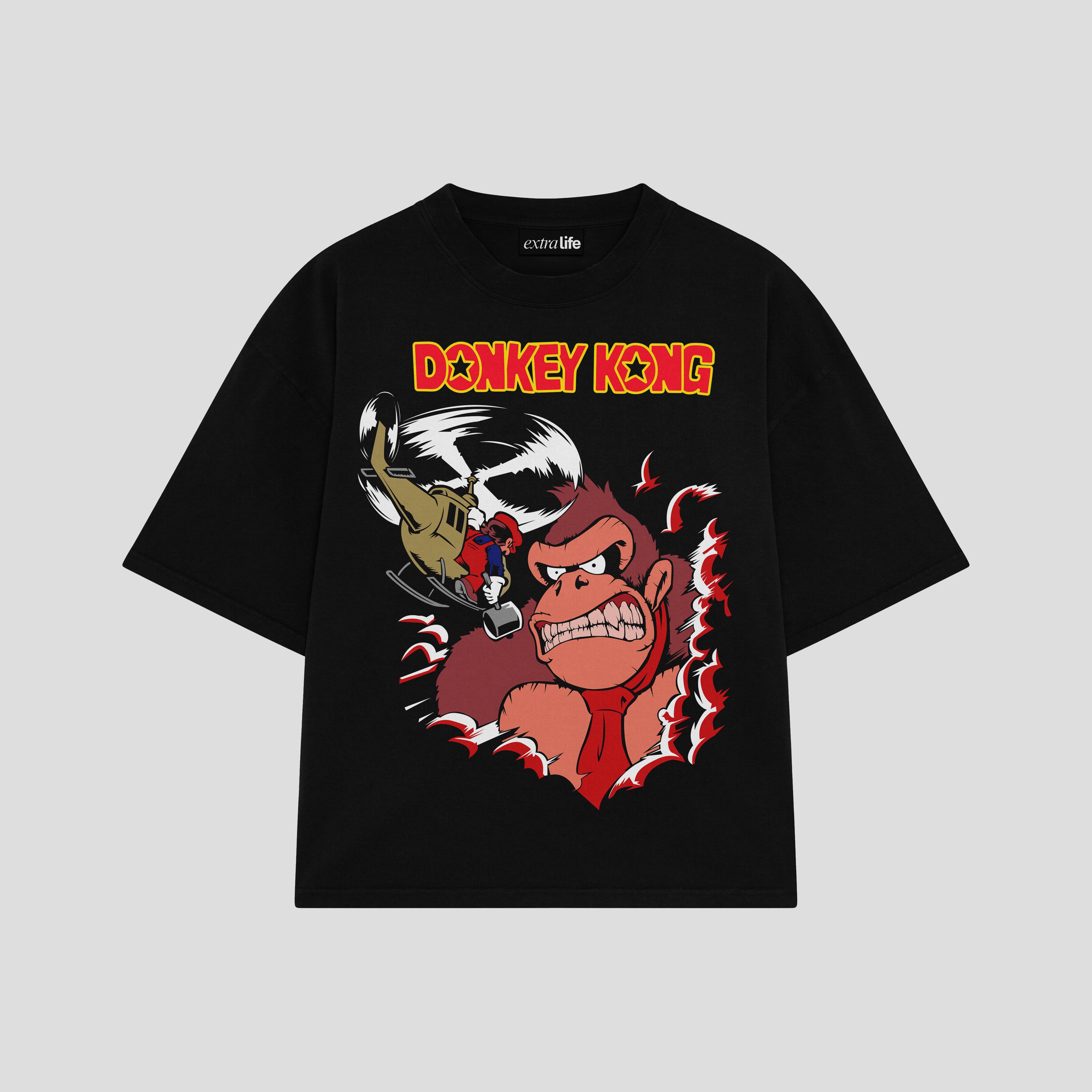 Playera streetwear premium de anime y gaming ExtraLife MX, corte boxy oversized drop shoulder heavyweight en color Deep Black y Off-White, moda urbana mexicana de culto.