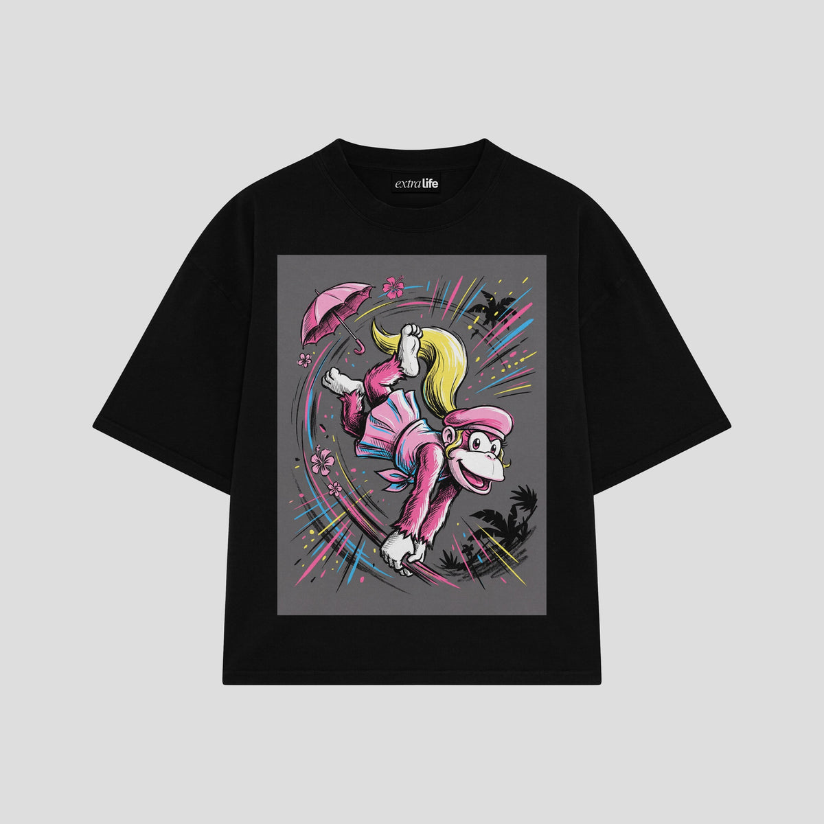 Playera streetwear premium de anime y gaming ExtraLife MX, corte oversized drop shoulder ligero y fresco en color Deep Black y Off-White, moda urbana mexicana de culto.