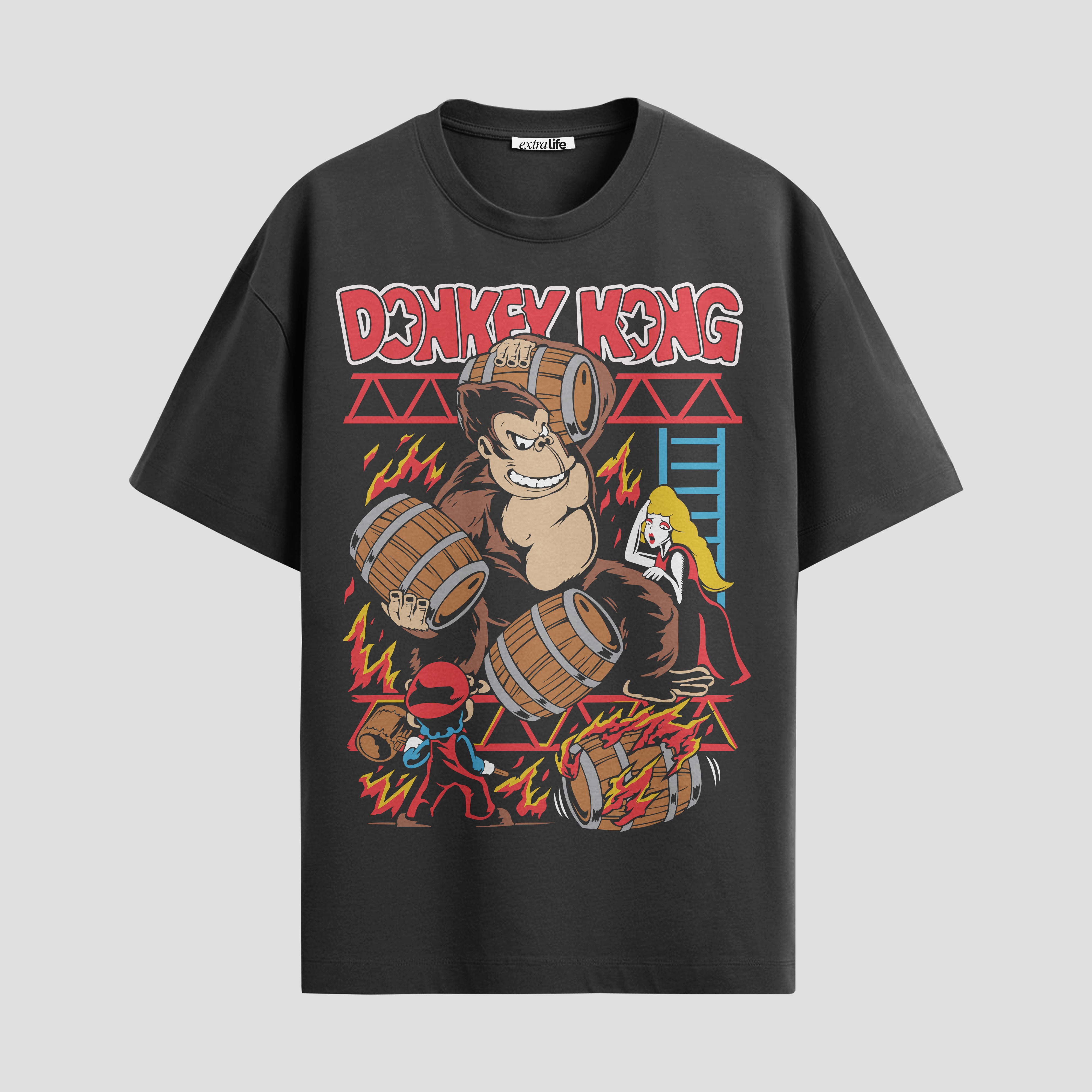 Playera urbana de anime y gaming ExtraLife MX, corte Standard Fit unisex ligero y transpirable en color Deep Black y Pure White, ropa de uso diario para gym y casual.