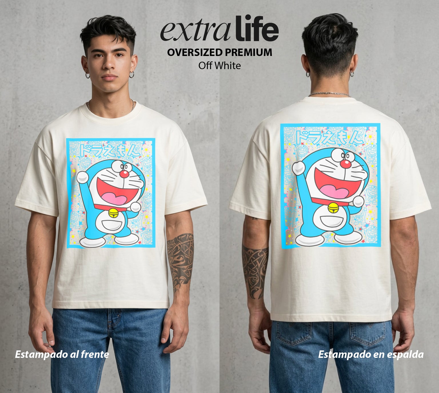 El Bolsillo del Futuro | Doraemon #01336 - Playera Oversized Premium | Off White - Foto en modelo