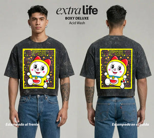 Playera streetwear premium de anime y gaming ExtraLife MX, corte boxy deluxe mineral wash heavyweight en color Acid Wash, moda urbana mexicana de culto.
