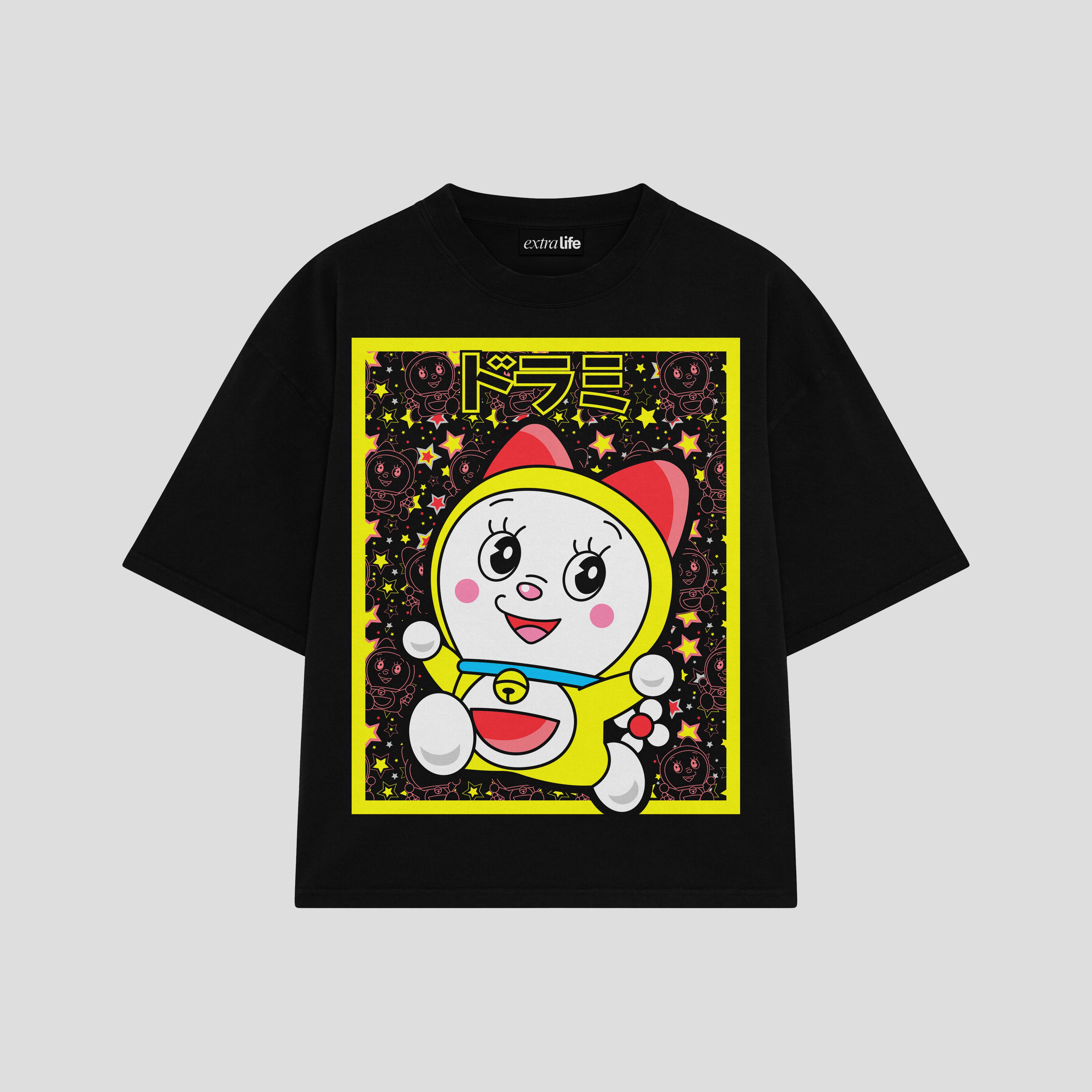 Playera streetwear premium de anime y gaming ExtraLife MX, corte boxy oversized drop shoulder heavyweight en color Deep Black y Off-White, moda urbana mexicana de culto.