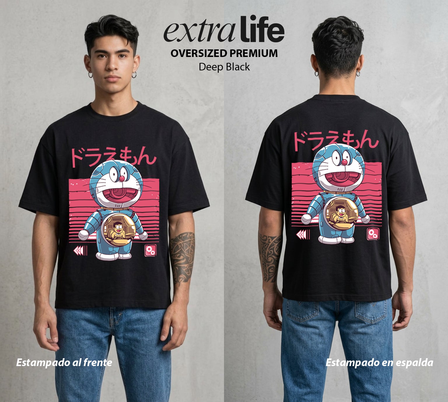 El Bolsillo del Futuro | Doraemon Robot #01338 - Playera Oversized Premium | Deep Black - Foto en modelo