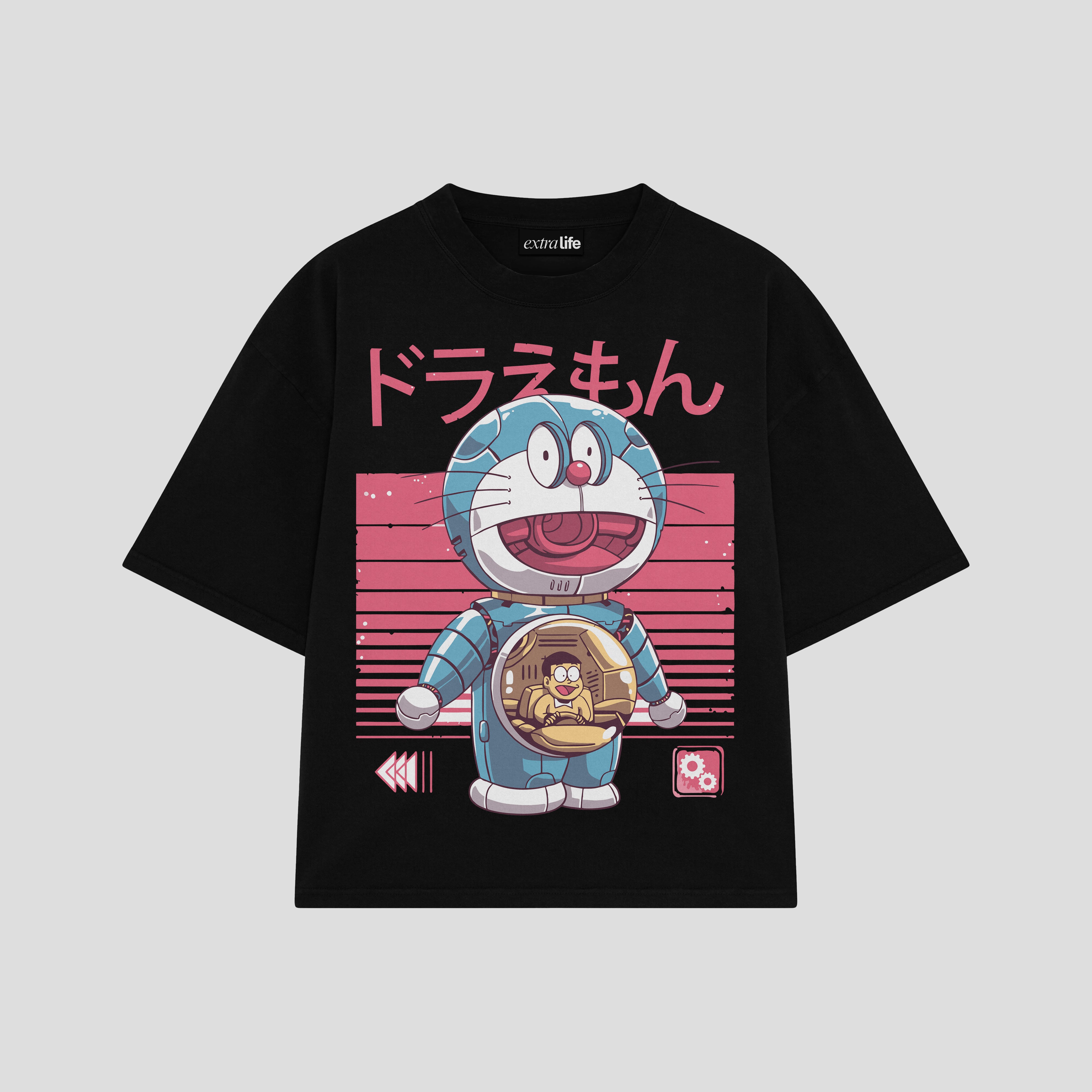 Playera streetwear premium de anime y gaming ExtraLife MX, corte boxy oversized drop shoulder heavyweight en color Deep Black y Off-White, moda urbana mexicana de culto.