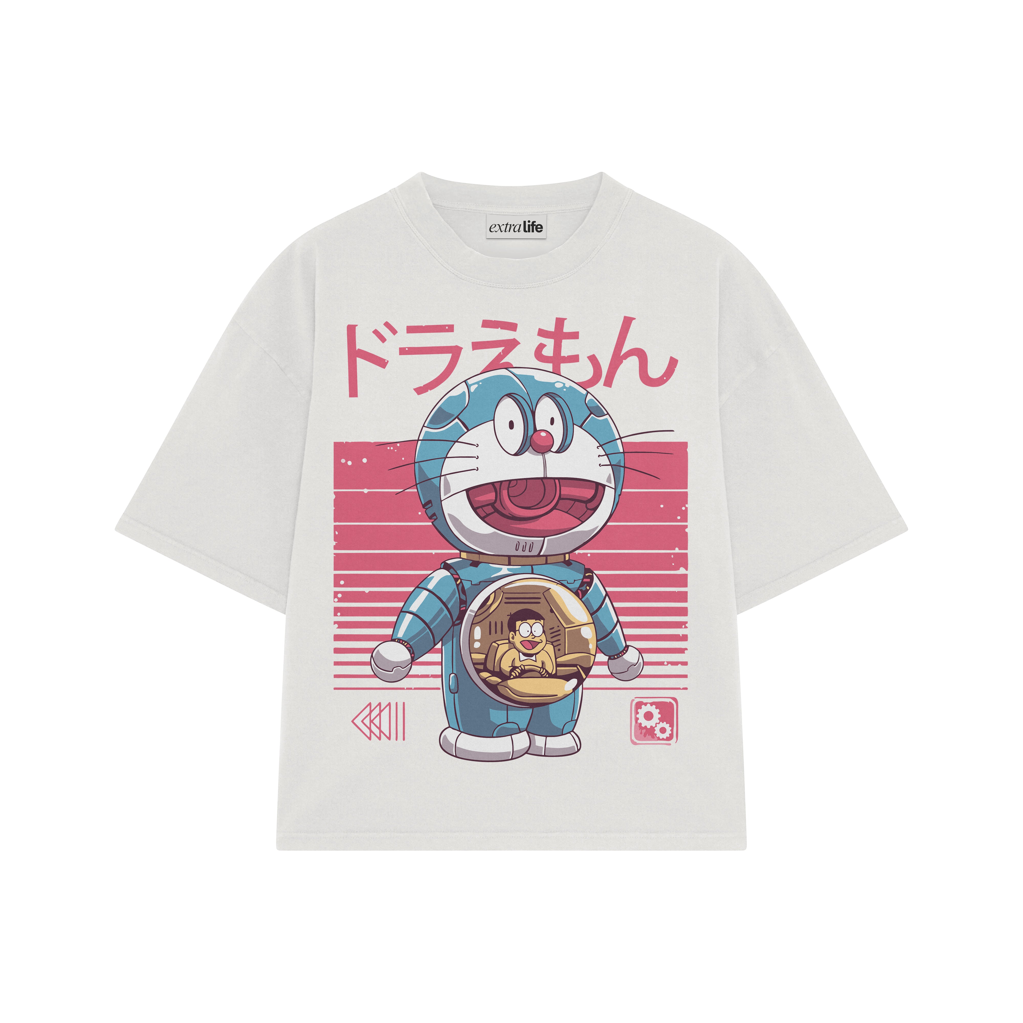 Playera streetwear premium de anime y gaming ExtraLife MX, corte boxy oversized drop shoulder heavyweight en color Deep Black y Off-White, moda urbana mexicana de culto.