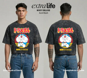 Playera streetwear premium de anime y gaming ExtraLife MX, corte boxy deluxe mineral wash heavyweight en color Acid Wash, moda urbana mexicana de culto.