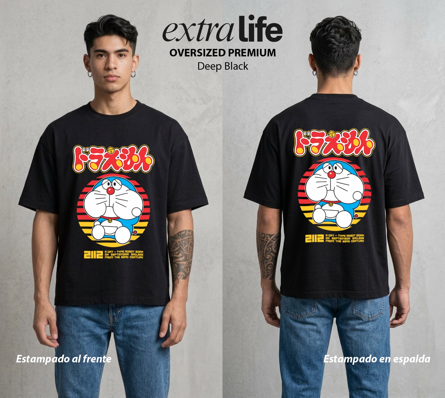 El Bolsillo del Futuro | Doraemon #01339 - Playera Oversized Premium | Deep Black - Foto en modelo