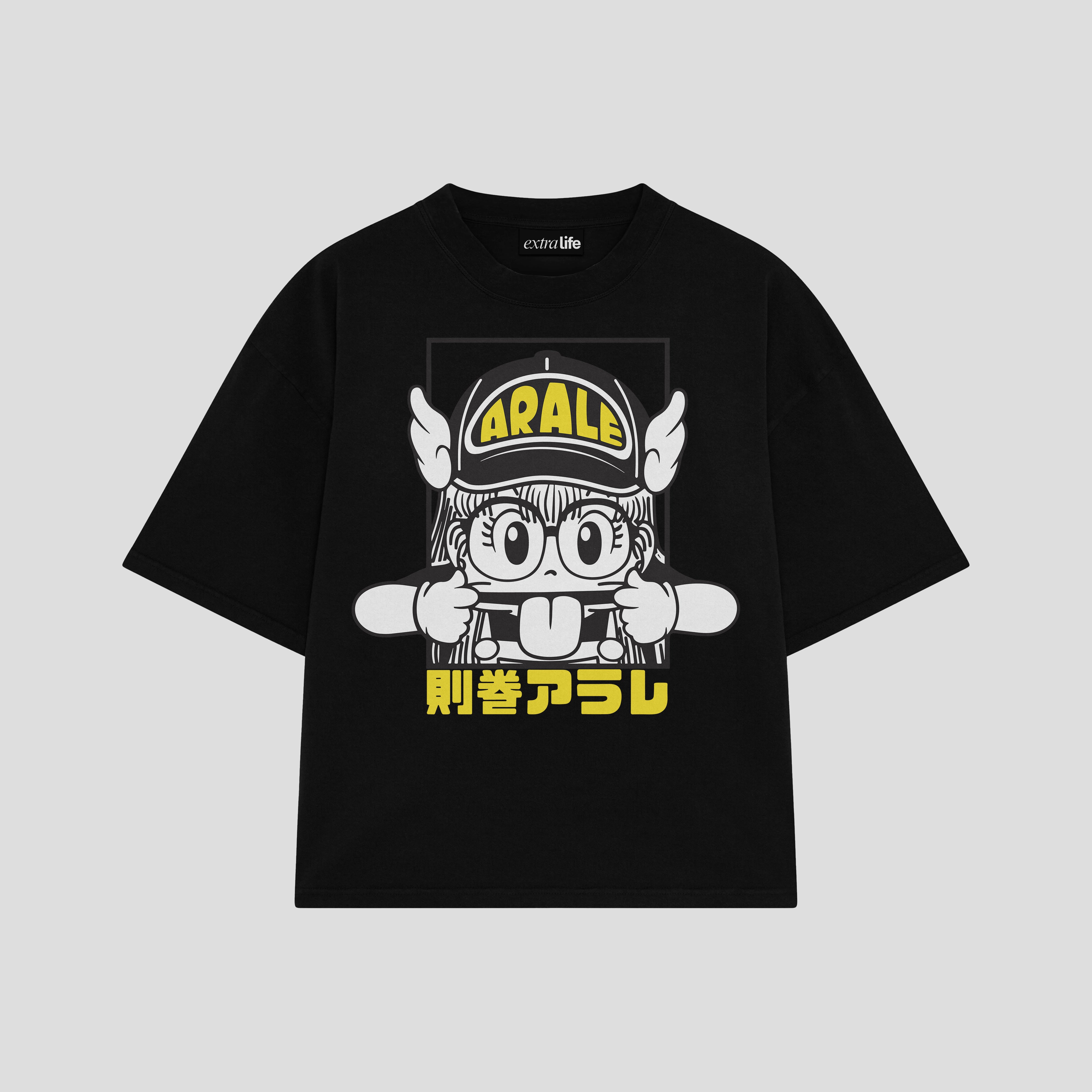 Playera streetwear premium de anime y gaming ExtraLife MX, corte boxy oversized drop shoulder heavyweight en color Deep Black y Off-White, moda urbana mexicana de culto.