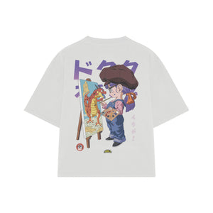 Playera streetwear premium de anime y gaming ExtraLife MX, corte boxy oversized drop shoulder heavyweight en color Deep Black y Off-White, moda urbana mexicana de culto.