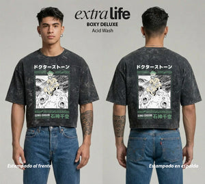 Playera streetwear premium de anime y gaming ExtraLife MX, corte boxy deluxe mineral wash heavyweight en color Acid Wash, moda urbana mexicana de culto.
