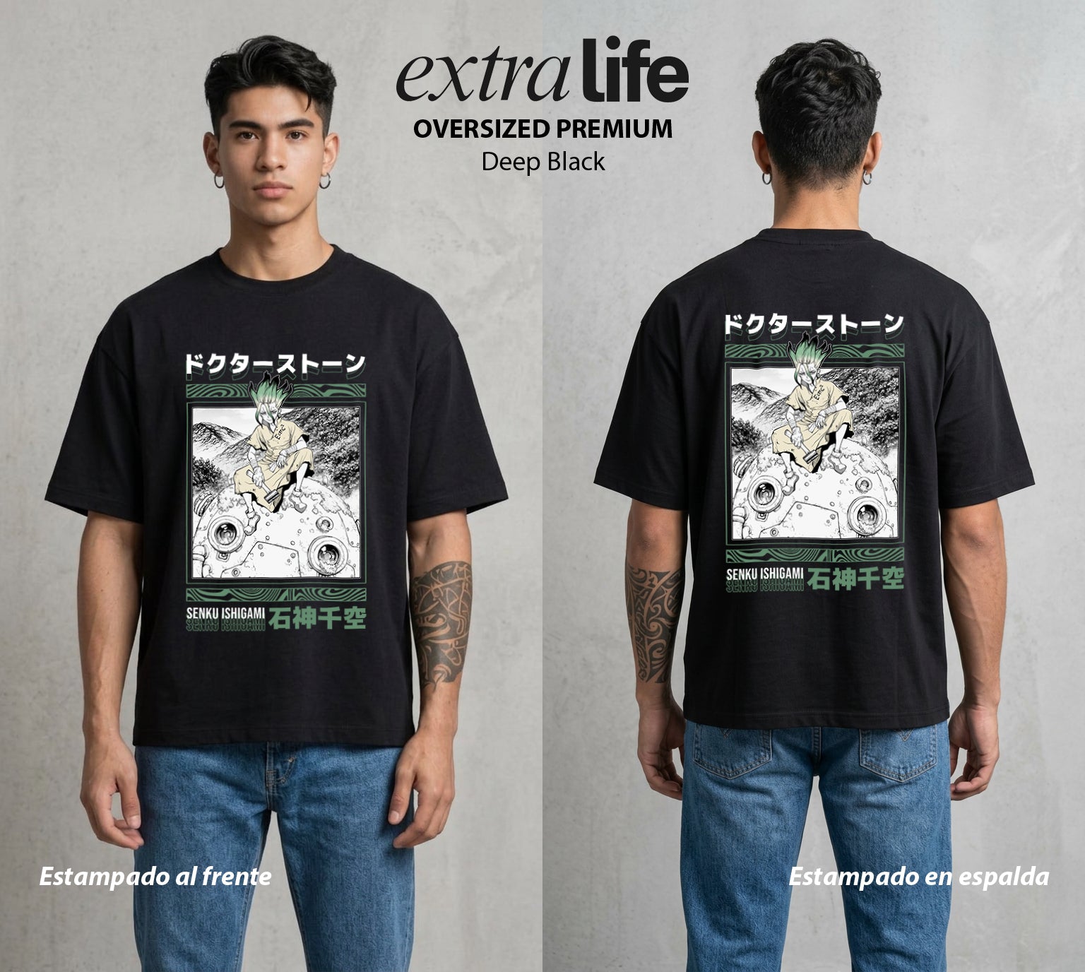 La Civilizacion Renacida | Dr Stone #01342 - Playera Oversized Premium | Deep Black - Foto en modelo