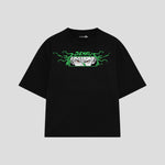 Playera streetwear premium de anime y gaming ExtraLife MX, corte boxy oversized drop shoulder heavyweight en color Deep Black y Off-White, moda urbana mexicana de culto.