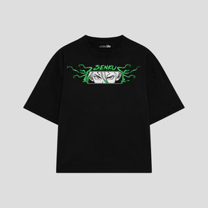 Playera streetwear premium de anime y gaming ExtraLife MX, corte boxy oversized drop shoulder heavyweight en color Deep Black y Off-White, moda urbana mexicana de culto.