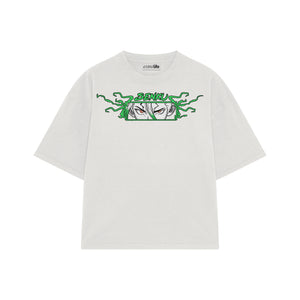 Playera streetwear premium de anime y gaming ExtraLife MX, corte boxy oversized drop shoulder heavyweight en color Deep Black y Off-White, moda urbana mexicana de culto.