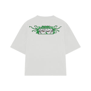 Playera streetwear premium de anime y gaming ExtraLife MX, corte boxy oversized drop shoulder heavyweight en color Deep Black y Off-White, moda urbana mexicana de culto.