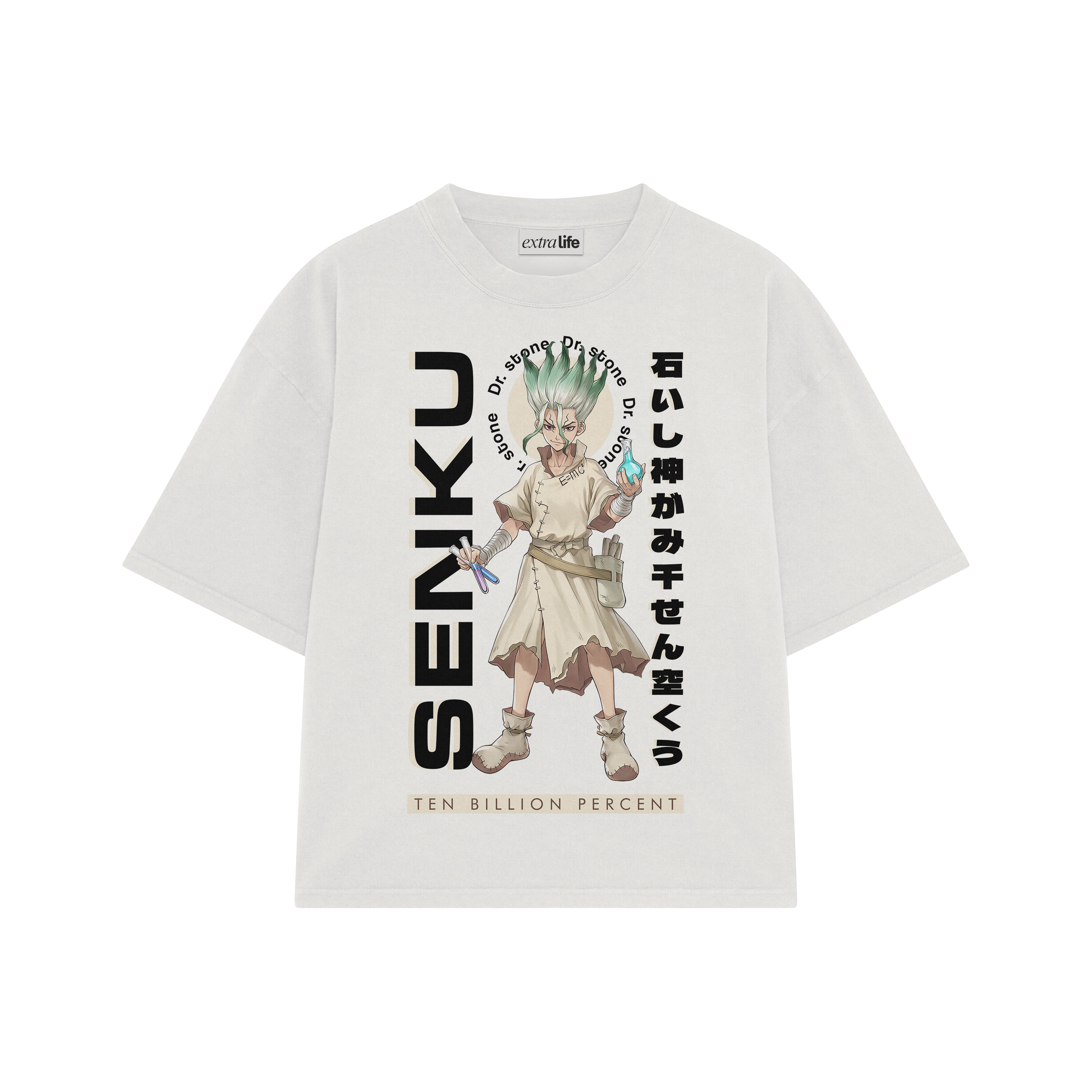 Playera streetwear premium de anime y gaming ExtraLife MX, corte boxy oversized drop shoulder heavyweight en color Deep Black y Off-White, moda urbana mexicana de culto.