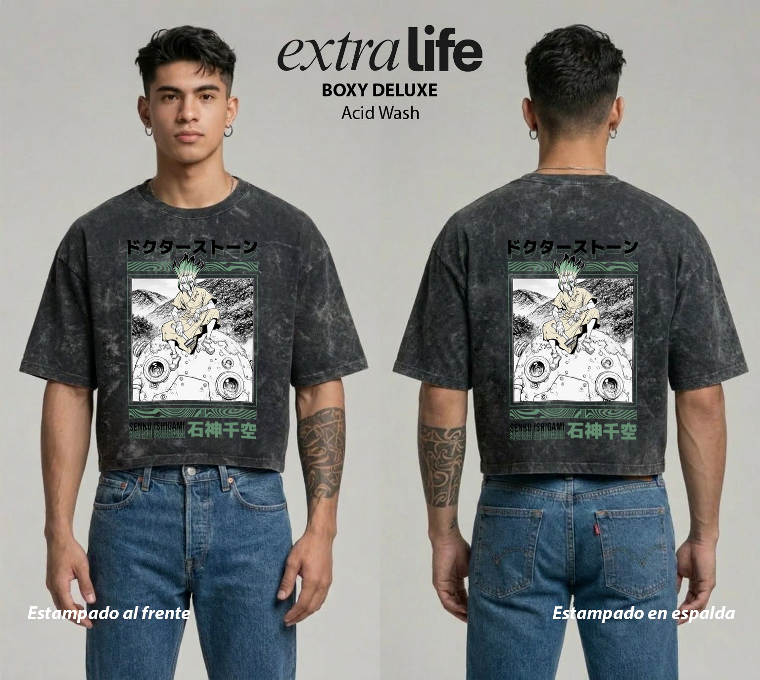 Playera streetwear premium de anime y gaming ExtraLife MX, corte boxy deluxe mineral wash heavyweight en color Acid Wash, moda urbana mexicana de culto.