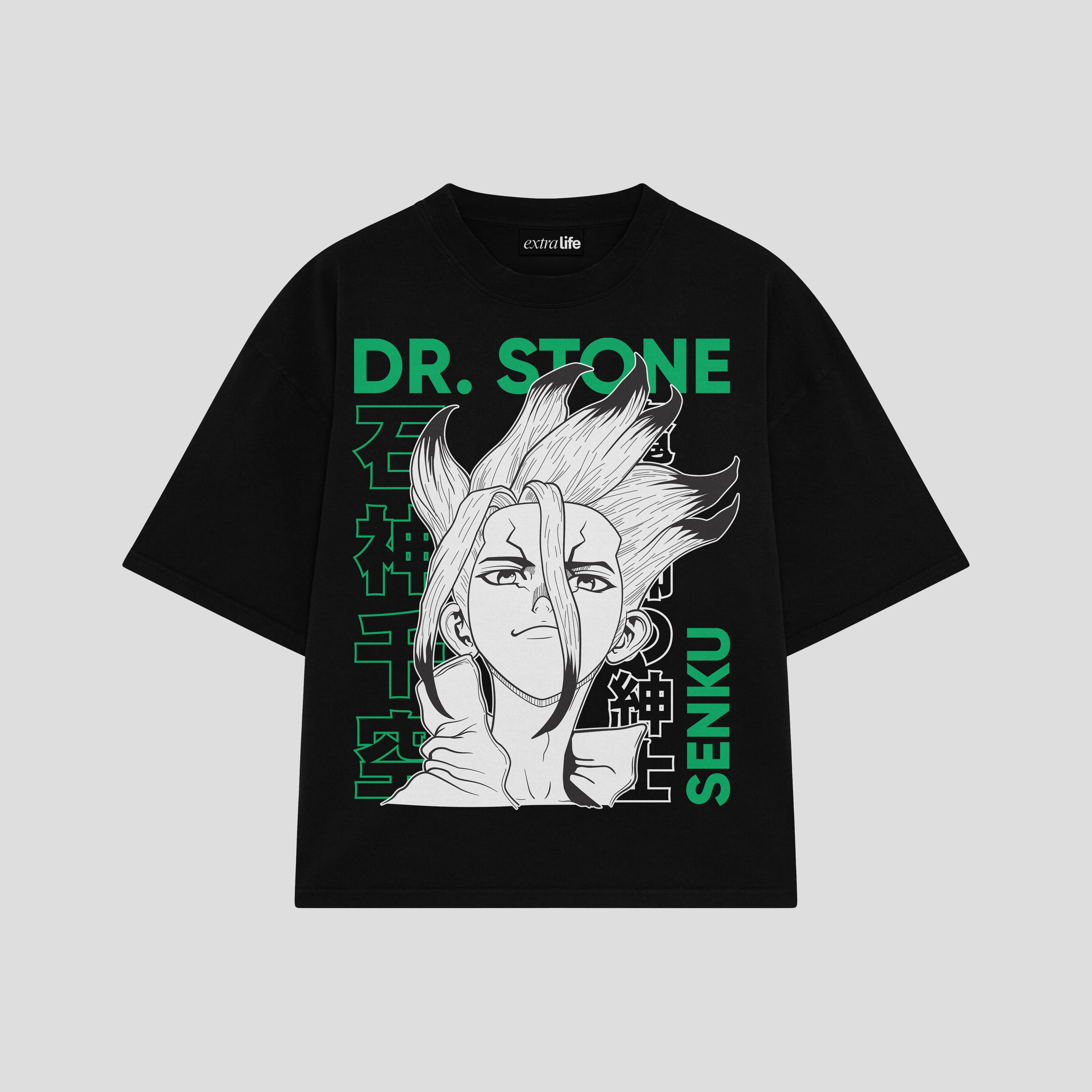 Playera streetwear premium de anime y gaming ExtraLife MX, corte boxy oversized drop shoulder heavyweight en color Deep Black y Off-White, moda urbana mexicana de culto.