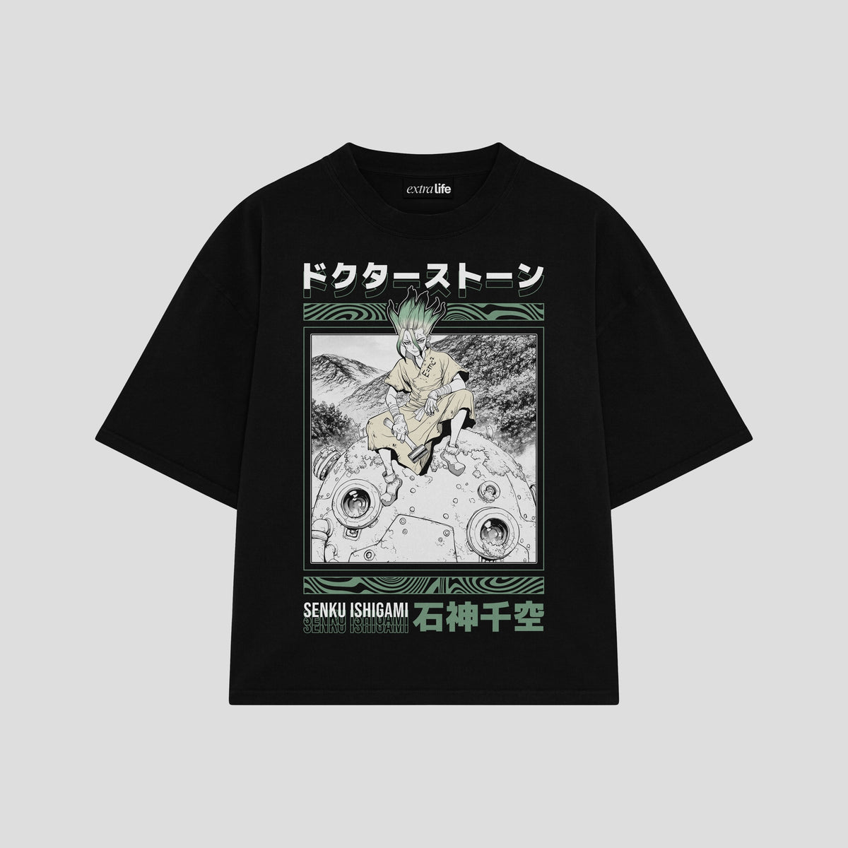 Playera streetwear premium de anime y gaming ExtraLife MX, corte oversized drop shoulder ligero y fresco en color Deep Black y Off-White, moda urbana mexicana de culto.