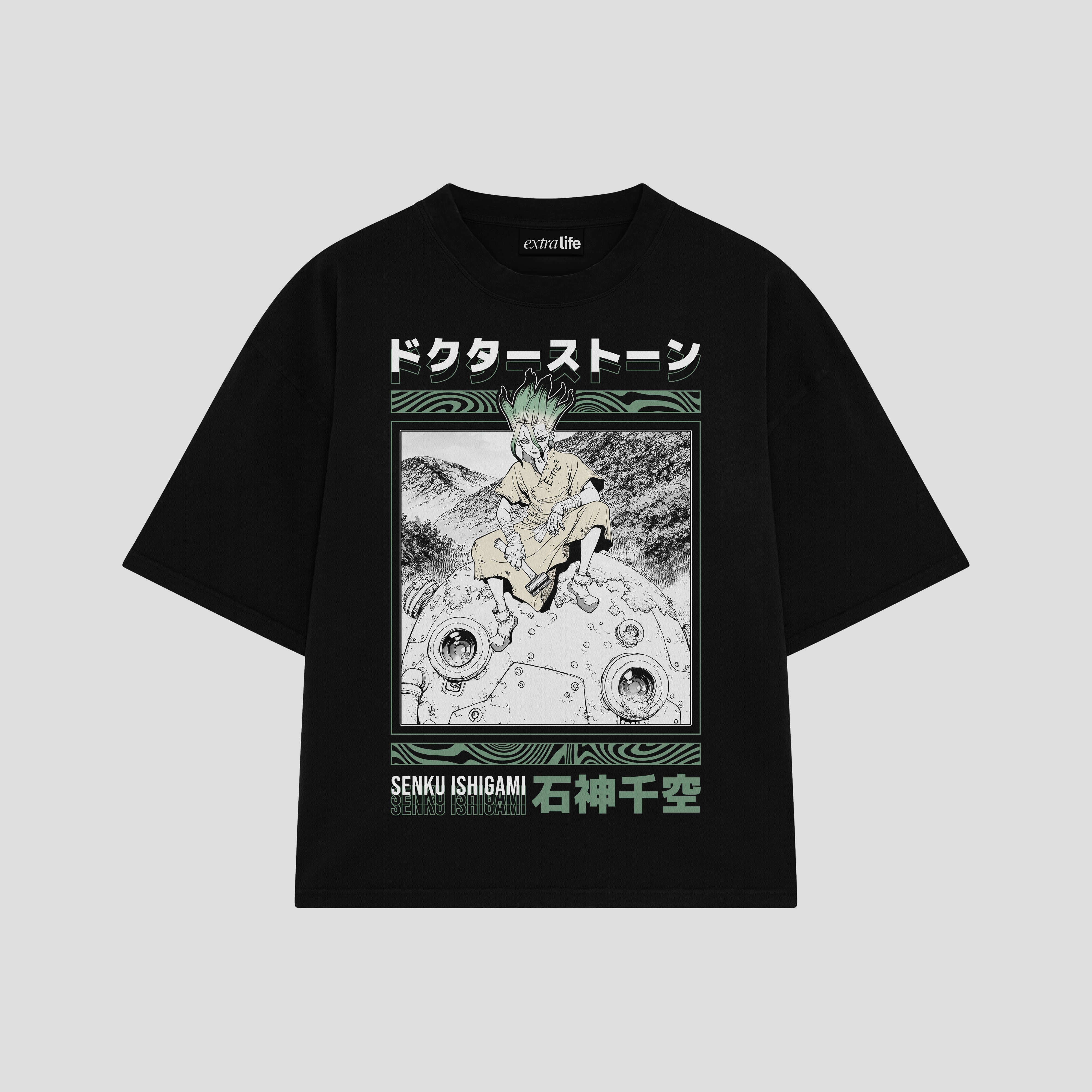 Playera streetwear premium de anime y gaming ExtraLife MX, corte boxy oversized drop shoulder heavyweight en color Deep Black y Off-White, moda urbana mexicana de culto.