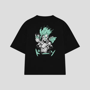 Playera streetwear premium de anime y gaming ExtraLife MX, corte boxy oversized drop shoulder heavyweight en color Deep Black y Off-White, moda urbana mexicana de culto.