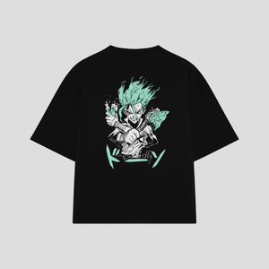 Playera streetwear premium de anime y gaming ExtraLife MX, corte oversized drop shoulder ligero y fresco en color Deep Black y Off-White, moda urbana mexicana de culto.