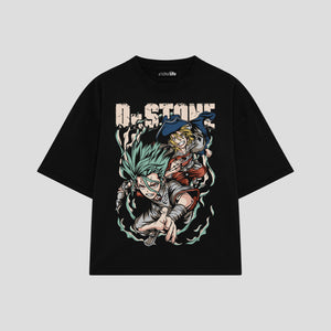 Playera streetwear premium de anime y gaming ExtraLife MX, corte boxy oversized drop shoulder heavyweight en color Deep Black y Off-White, moda urbana mexicana de culto.