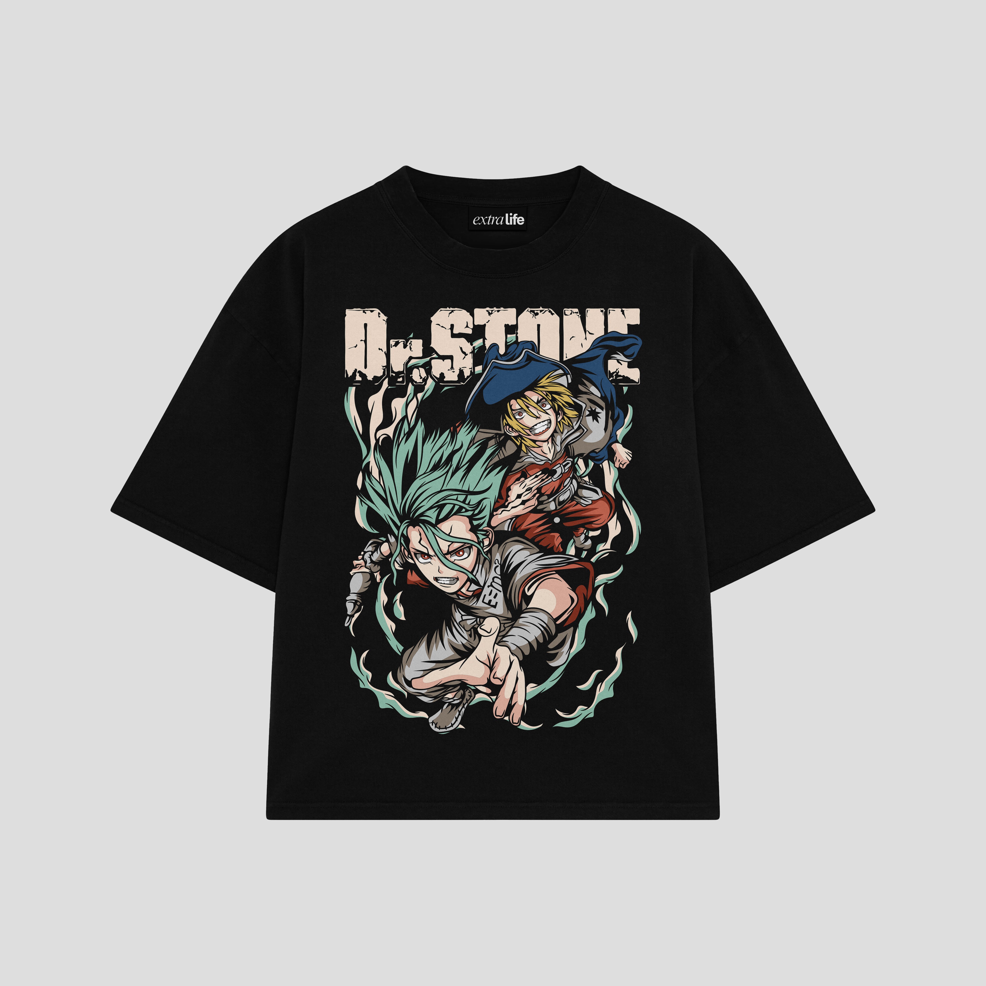 Playera streetwear premium de anime y gaming ExtraLife MX, corte boxy oversized drop shoulder heavyweight en color Deep Black y Off-White, moda urbana mexicana de culto.