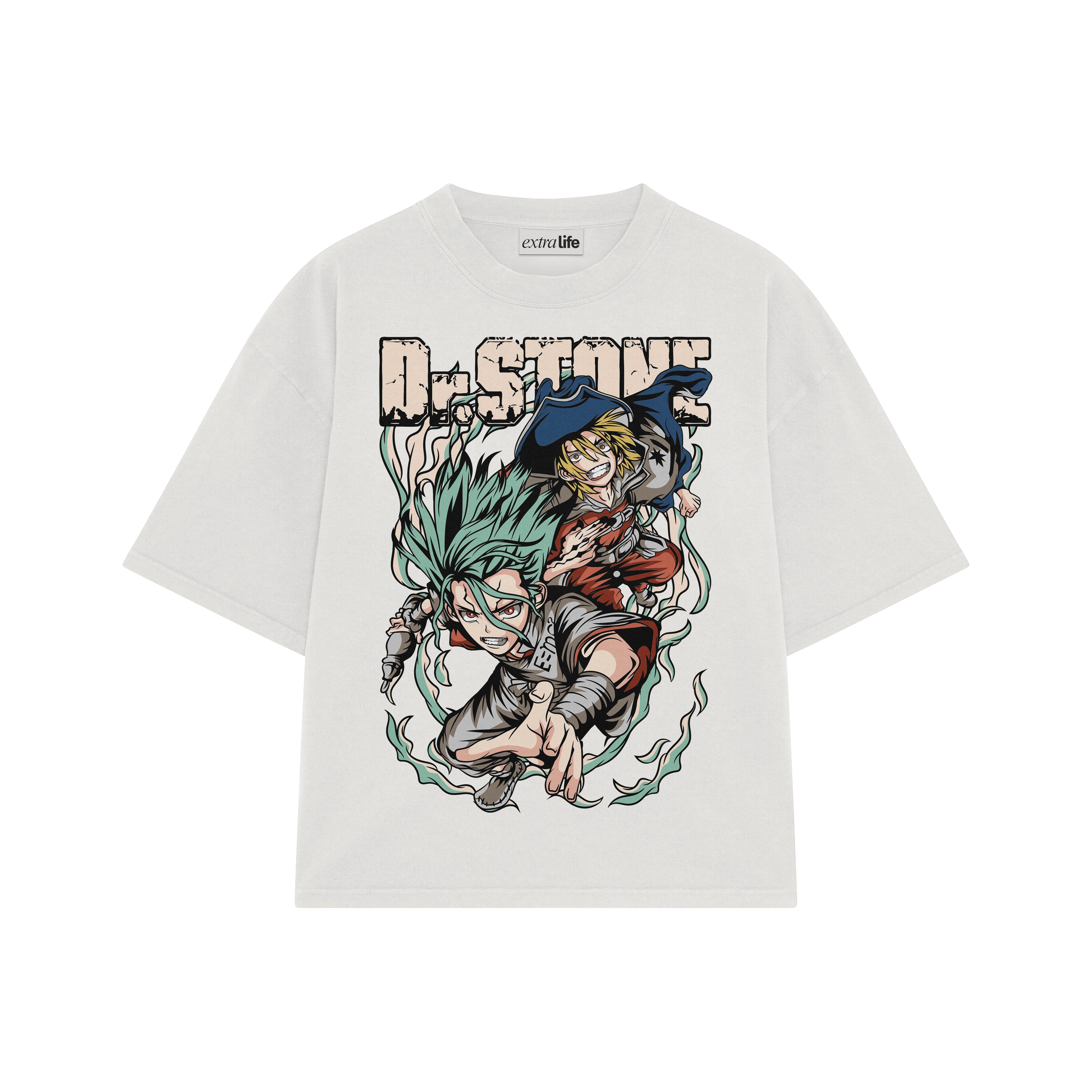 Playera streetwear premium de anime y gaming ExtraLife MX, corte boxy oversized drop shoulder heavyweight en color Deep Black y Off-White, moda urbana mexicana de culto.