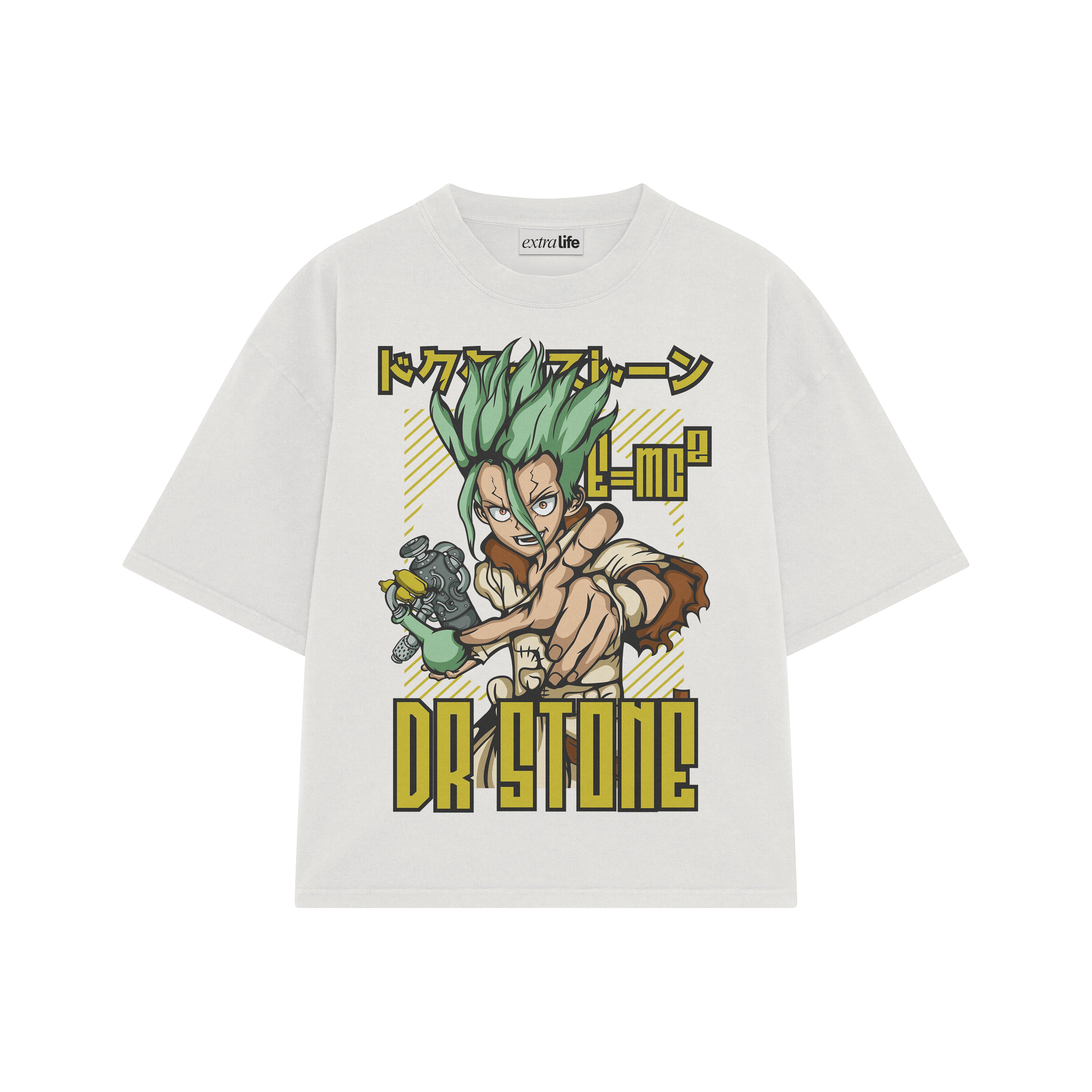 Playera streetwear premium de anime y gaming ExtraLife MX, corte boxy oversized drop shoulder heavyweight en color Deep Black y Off-White, moda urbana mexicana de culto.
