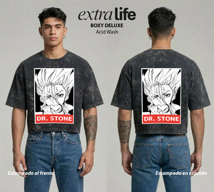 Playera streetwear premium de anime y gaming ExtraLife MX, corte boxy deluxe mineral wash heavyweight en color Acid Wash, moda urbana mexicana de culto.