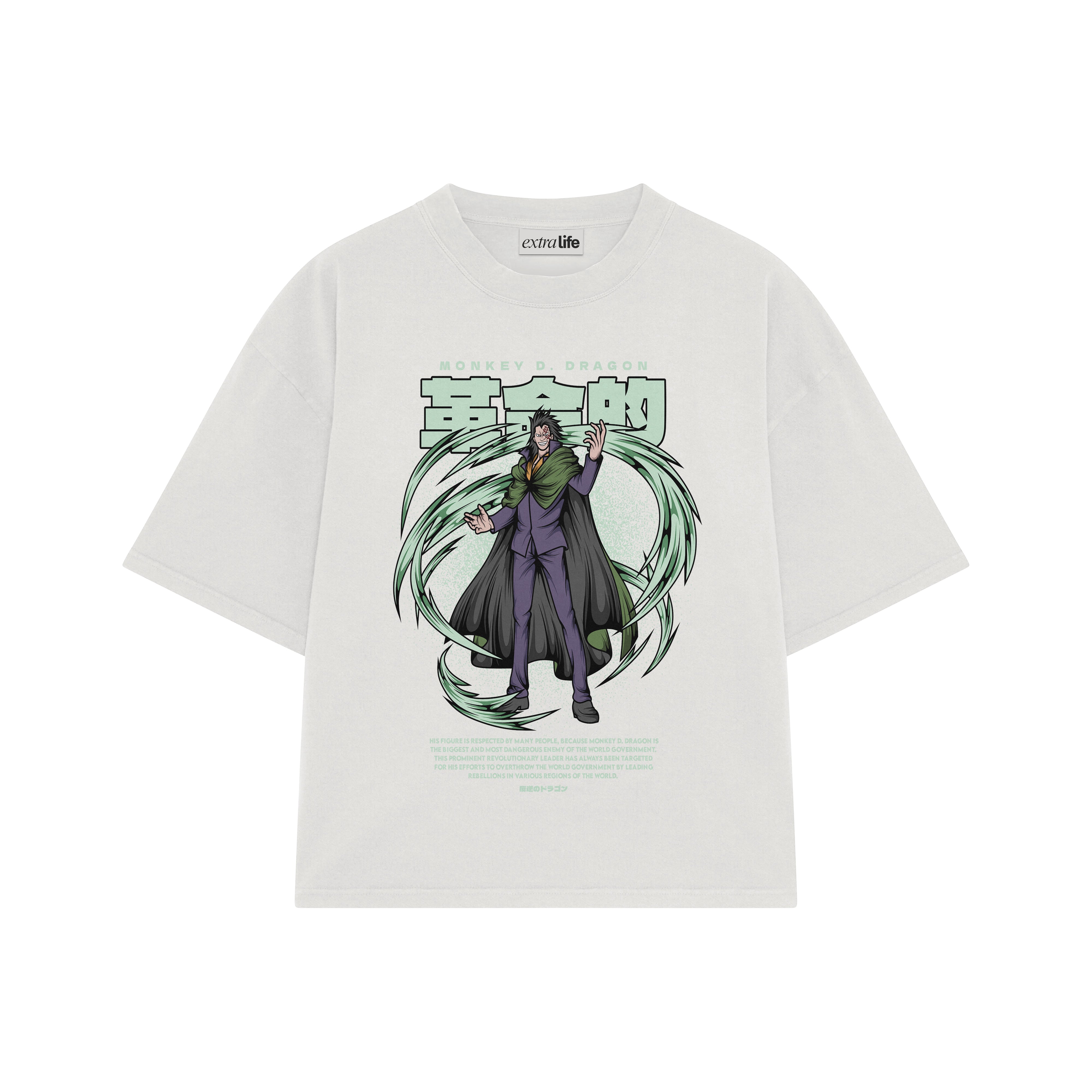 Playera streetwear premium de anime y gaming ExtraLife MX, corte boxy oversized drop shoulder heavyweight en color Deep Black y Off-White, moda urbana mexicana de culto.