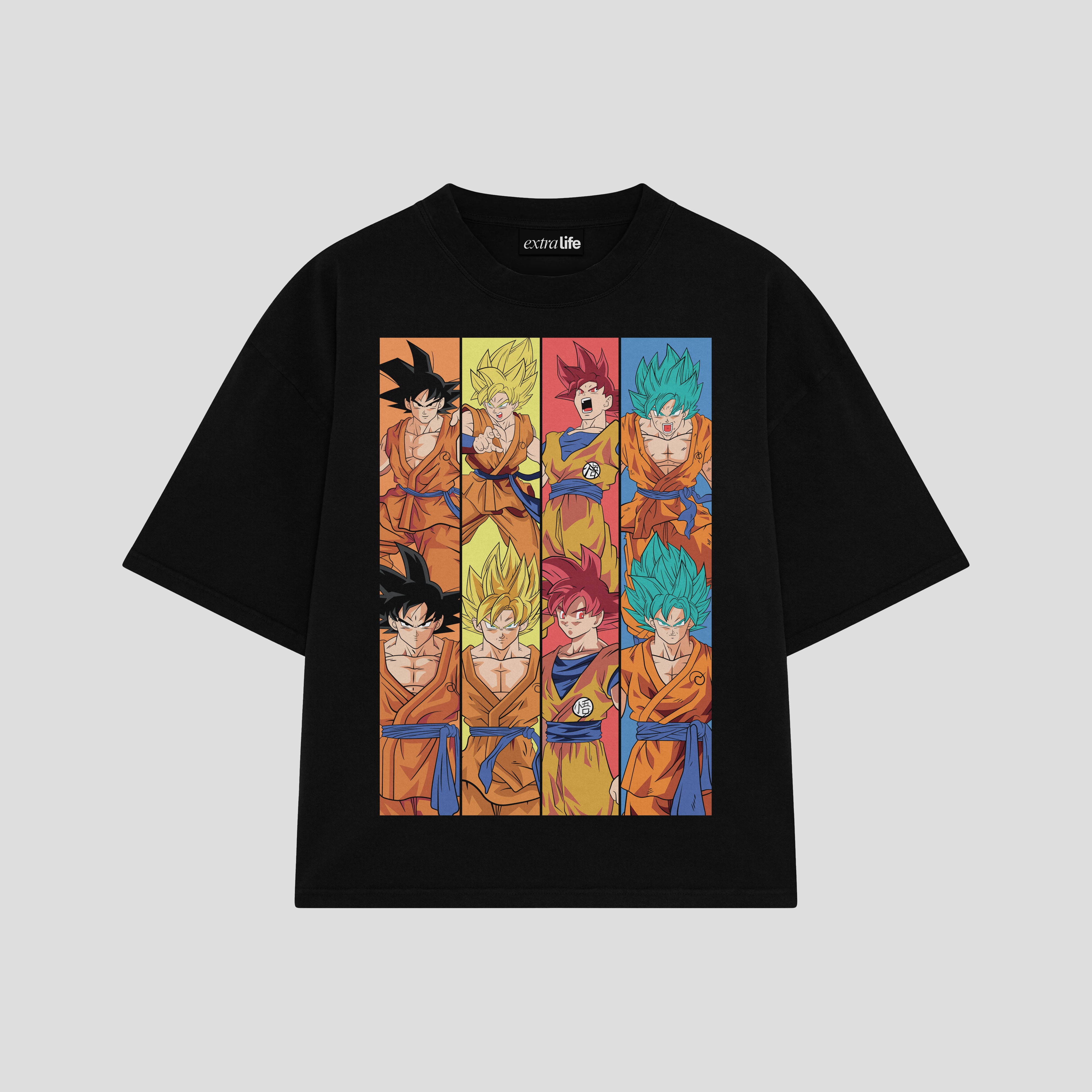 Playera streetwear premium de anime y gaming ExtraLife MX, corte boxy oversized drop shoulder heavyweight en color Deep Black y Off-White, moda urbana mexicana de culto.