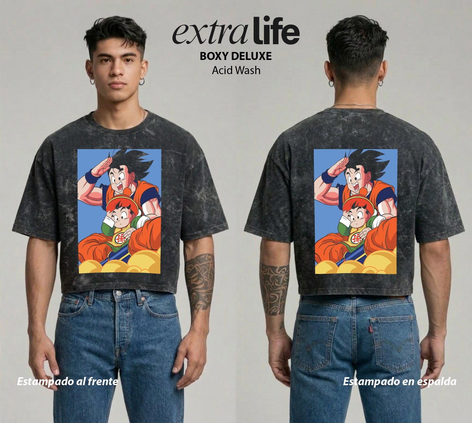 Playera streetwear premium de anime y gaming ExtraLife MX, corte boxy deluxe mineral wash heavyweight en color Acid Wash, moda urbana mexicana de culto.