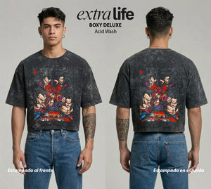 Playera streetwear premium de anime y gaming ExtraLife MX, corte boxy deluxe mineral wash heavyweight en color Acid Wash, moda urbana mexicana de culto.