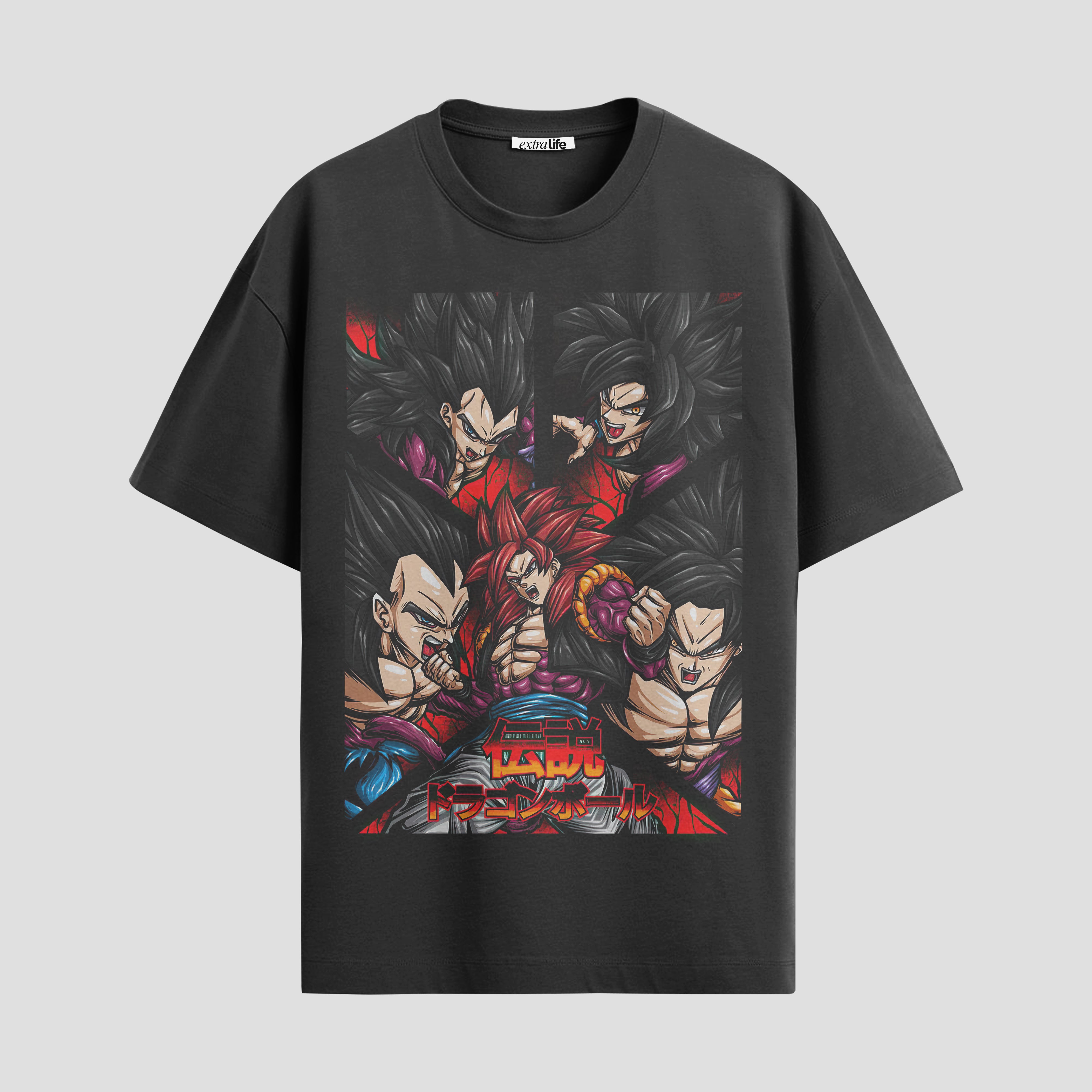 Playera urbana de anime y gaming ExtraLife MX, corte Standard Fit unisex ligero y transpirable en color Deep Black y Pure White, ropa de uso diario para gym y casual.